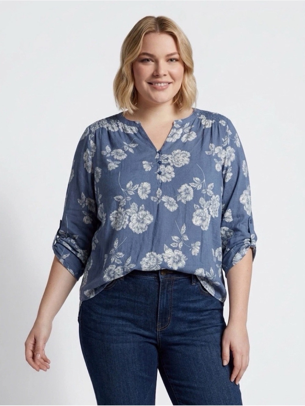 Blue chambray Floral V-Neck Women’s Blouse tunic western coastal cowgirl